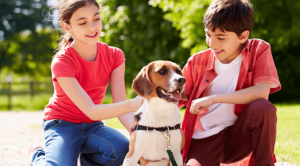 Two children sitting outside with a brown dog that was found with microchipping